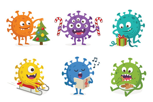 Orange virus character decorating festive Christmas tree colorful baubles green tree. Purple virus holding candy canes many googly eyes cheerful. Yellow sledding brightly winter snow playful
