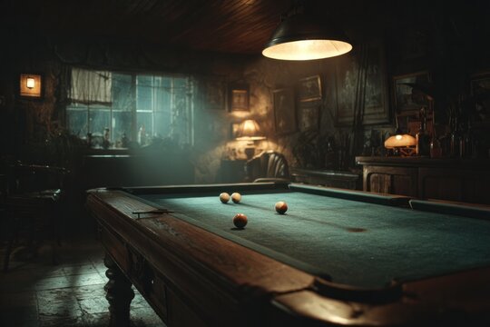 Vintage pool table in dimly lit, atmospheric room with ambient lightin