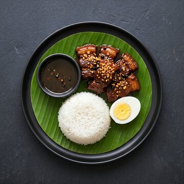 Filipino Pork Adobo. In the foreground, tender pork belly chunks braised in soy sauce, vinegar, and peppercorns, topped with toasted garlic bits. Beside the pork sits a small black ceramic bowl of ext