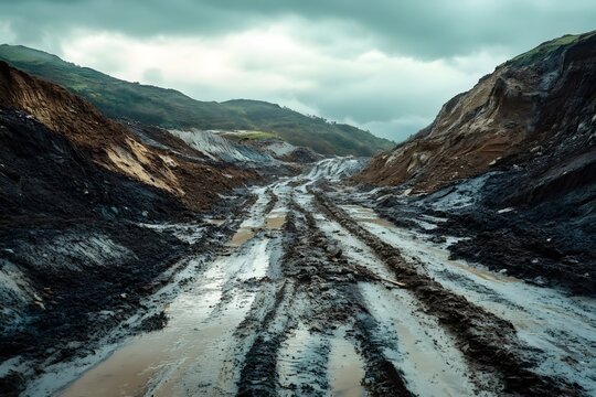 Gullies and sediment cover on mountain slopes after mudslides