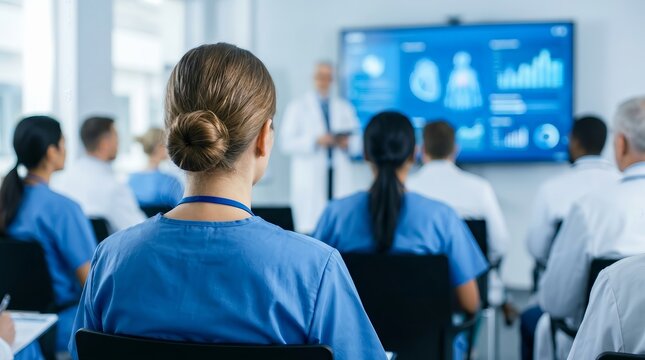 Healthcare workers in scrubs participating in a professional hospital training seminar and presentation.