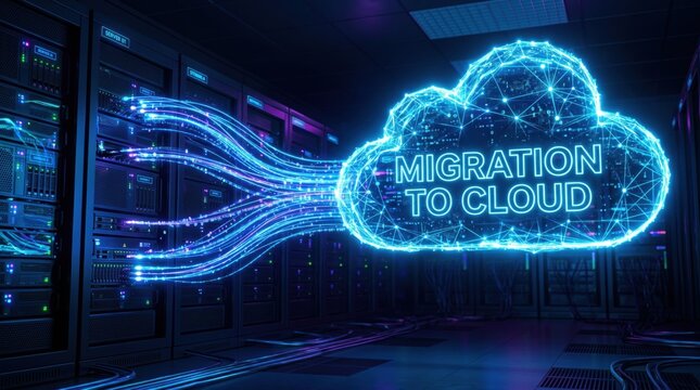 Cloud computing, data migration, server room, neon blue, technology concept
