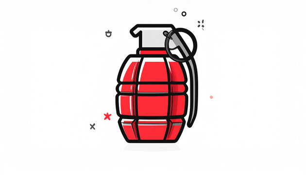 Red hand grenade illustration with abstract shapes and white background explosive