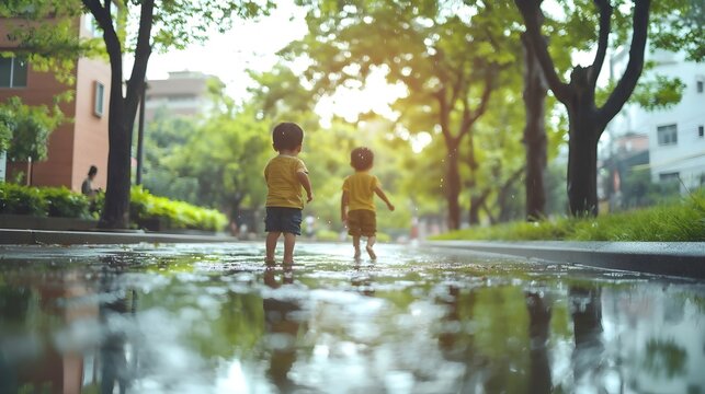 The children playing in the park after the rain