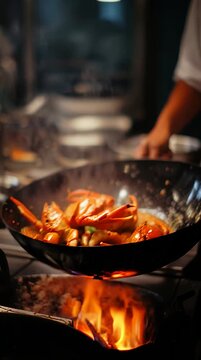 Chef stir-frying shrimp in a wok over a flame with smoke rising