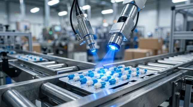 High-tech pharmaceutical manufacturing using automated vision inspection for pill packaging.