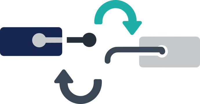 Abstract digital connection icon featuring two modular components with rotating arrows representing data synchronization and seamless software integration.