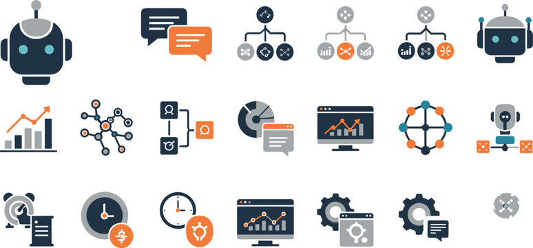 Artificial intelligence and business automation icon set featuring robot characters, data analytics charts, gears, and communication chat bubbles.