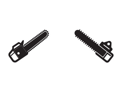 Two black chain saws icons with handles and blades on white background for construction and woodworking  construction equipment