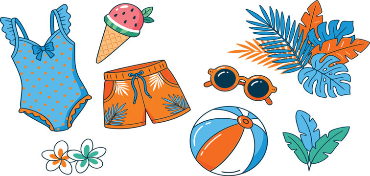 Colorful summer beach vacation icons set with swimsuit swim trunks ice cream ball and tropical leaves