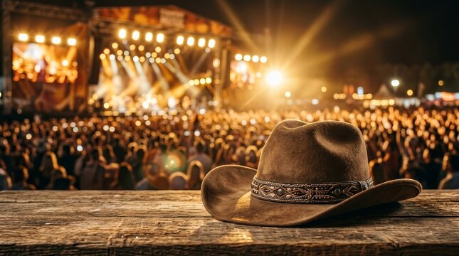 Cinematic view of a cowboy hat during a live rodeo or music concert event.