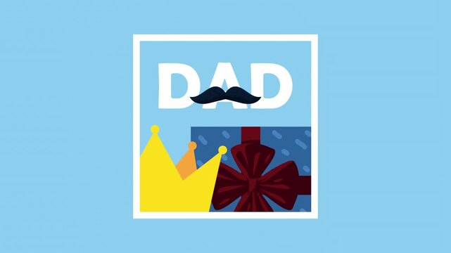 Happy father day motion graphic animation with mustache, crown and gift box in a square frame.