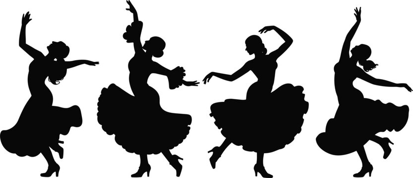 Flamenco dancers silhouettes set, Spanish dance female figures collection, elegant performance poses in black illustration