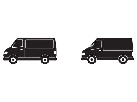 Two black van silhouettes side view and front view  vehicles for transportation and delivery