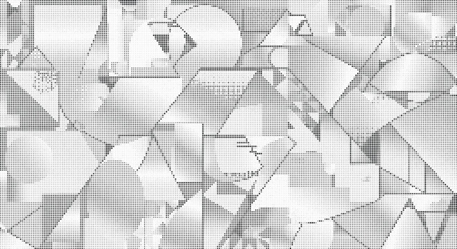 Geometric shattered glass pattern with halftone dot effect creating sharp angular shapes in black and white isolated on transparent background