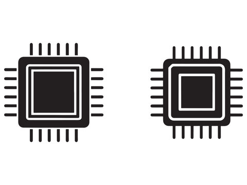 Two computer processor chips with square shape and parallel pins on white background  microprocessor icons