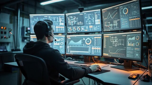 Focused analyst monitoring multiple screens with complex data charts and network analysis in modern office