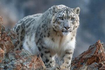 Fototapeta premium Snow leopard perched on rocky terrain, showcasing natural beauty