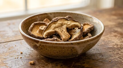 Fototapeta premium Dried Shiitake Mushrooms in Rustic Ceramic Bowl