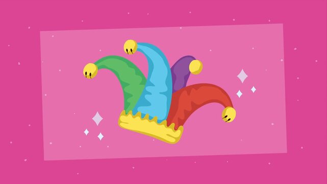 Animated jester hat with bells on a pink background with sparkling effects.