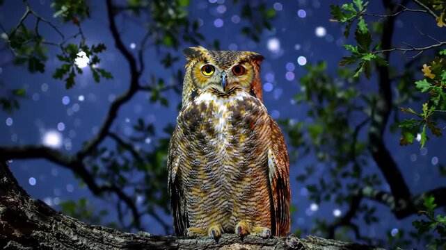 Great Horned Owl with detailed brown feathers perched on a textured oak tree branch at night against a dark blue sky with glowing stars and moon in a forest environment.