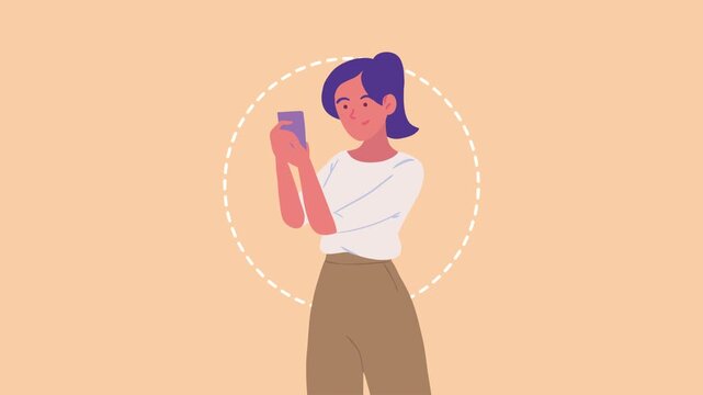 Young woman holding smartphone and looking at screen, with animated circle effect and plain background.