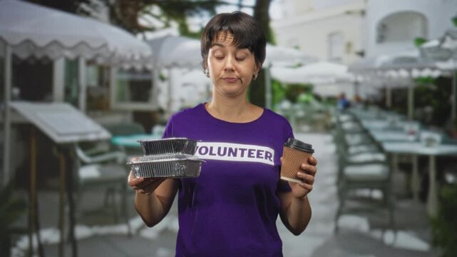 Volunteer woman in purple tee holds stacked foil takeaway containers and a corrugated coffee cup with both hands at a street cafe outdoor dining area; weary service.