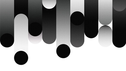 Minimal monochrome composition with elongated rounded shapes hanging from top to bottom, soft gradients and grain texture. Abstract vertical stripes, black circles on a white background. © JUBO SIAK