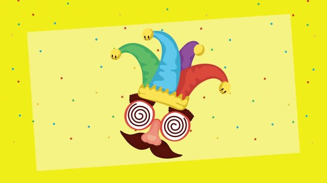 April fools day animation with colorful jester hat and disguise mask on yellow background.