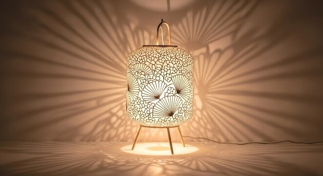 beautiful japanese style lamp with floral pattern on shade and warm light on wooden legs