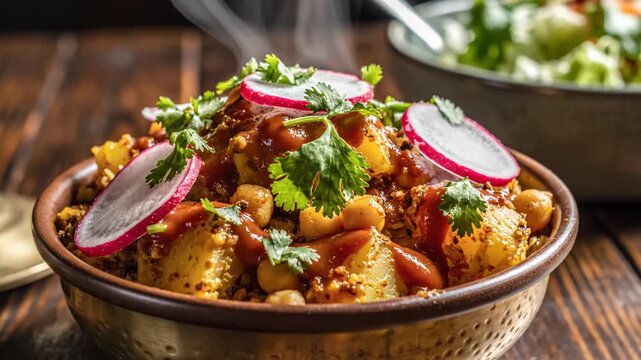 Steaming bowl of Indian chickpea and potato curry on wood