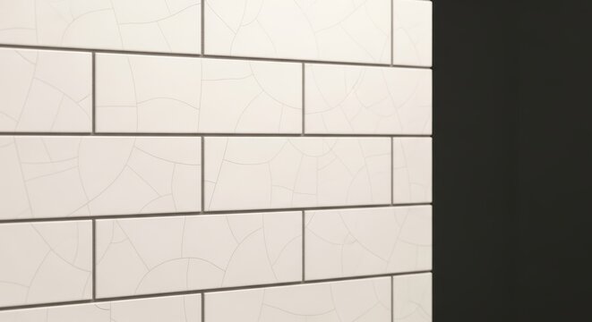 closeup of white crackled tiles on a wall with gray grout lines