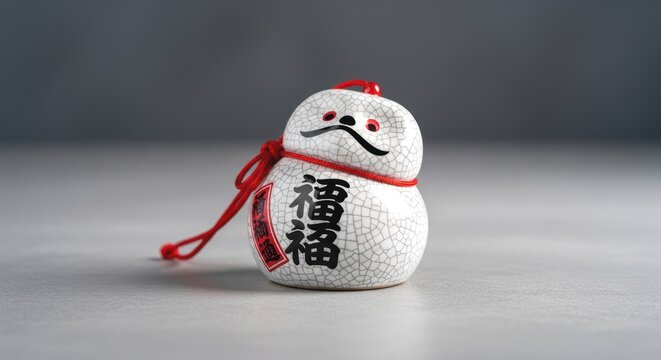 Cracked daruma doll with red string and chinese characters on gray surface