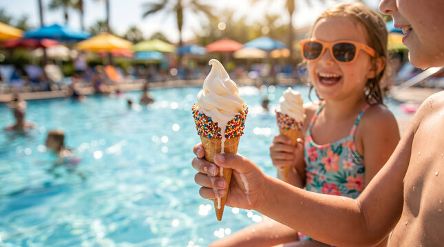 Two children with ice cream cones, melting vanilla soft serve with sprinkles, sitting by a swimming pool, summer vacation resort, lifestyle photography