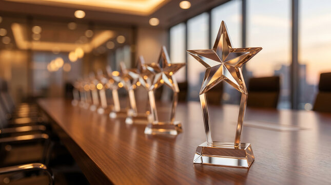 Star shaped crystal trophies, lined up on boardroom table, sunset city view background, corporate achievement award, business photography