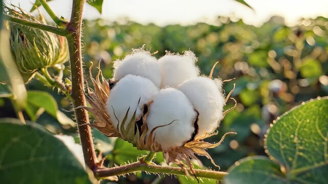 Closeup of a Cotton Plant Boll in a Field at Sunset.