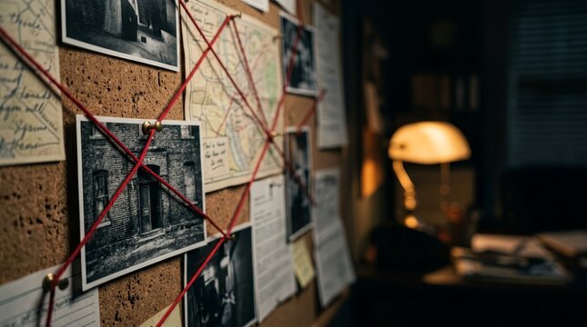 Detective's investigative board featuring red string connections between case files and crime scene photos.