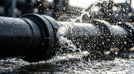 Naklejka premium Heavy water spraying from a burst main pipe in a high-pressure leak.