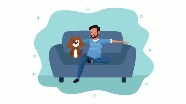 Young man sitting on blue sofa with brown dog pet animation clip.