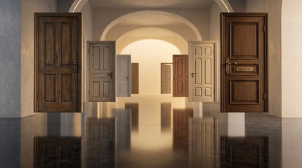 Fototapeta premium A captivating array of distinct wooden doors suspended in a gleaming corridor, their reflections hinting at unexplored possibilities and significant decisions on life's journey