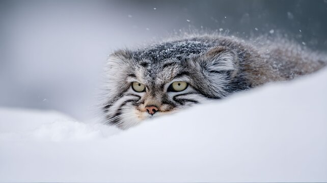 Pallas&rsquo;s Cat Peeking from Snow