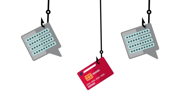 Animation of credit card and password bubbles caught on fishing hooks symbolizing phishing cyber attacks and data theft.
