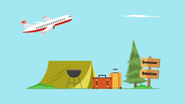 Airplane flying over camping vacation scene. Summer Vocation concept. Full length Icon animation illustration. High quality&nbsp;4k&nbsp;footage