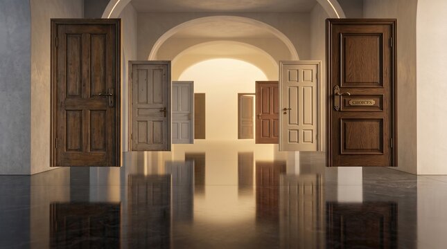 A captivating array of distinct wooden doors suspended in a gleaming corridor, their reflections hinting at unexplored possibilities and significant decisions on life's journey