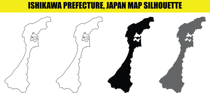Ishikawa prefecture map silhouette icons with outline solid and dotted variations on transparent background for japan design.