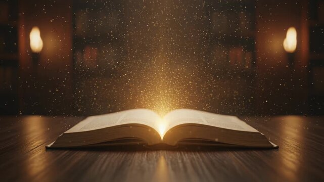 open book glow sparks on wooden table warm light