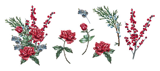 Composition of red roses with greenery, eucalyptus and berries, watercolor illustration set in botanical style. for christmas decor, greeting card, floristry, packaging, wedding and festive design. © Mea_ta 