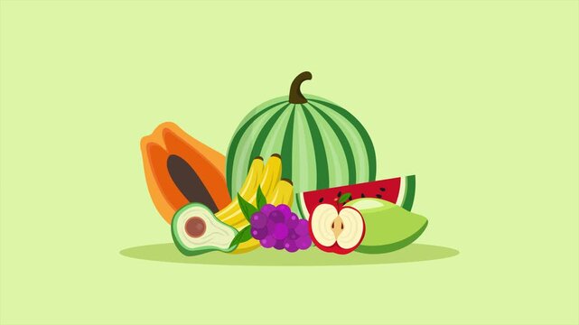 Assorted tropical fruits arranged. Tropical Fruit concept. Full length Icon animation illustration. High quality&nbsp;4k&nbsp;footage