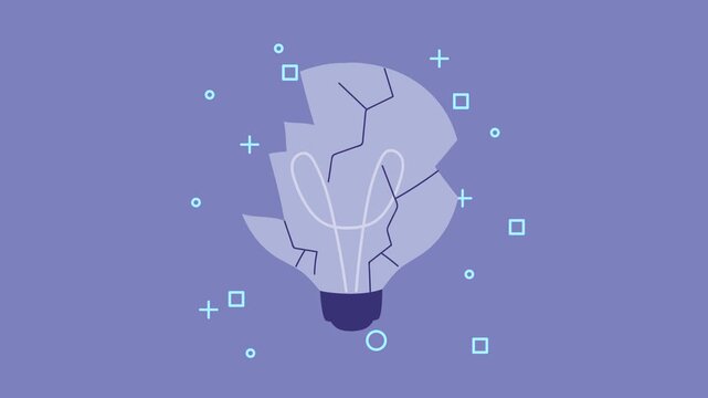 Broken light bulb motion graphics animation showing failure of ideas and creative exhaustion on purple background.