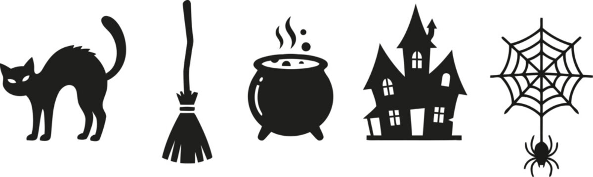 flat vector icon set of Halloween symbols (second set, low competition angle), including a black cat with arched back, a broomstick, a potion cauldron, a haunted house silhouette